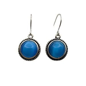 Pierced Earrings Blue Cat’s Eye Cabochon Round Rope Bezel Silver Tone Retro